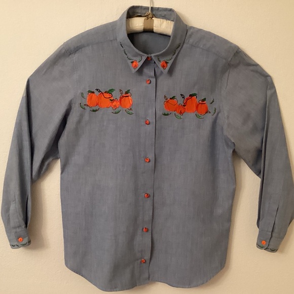 Vintage 90s/Y2K Fall Themed Embroidered Chambray Shirt - Picture 3 of 4